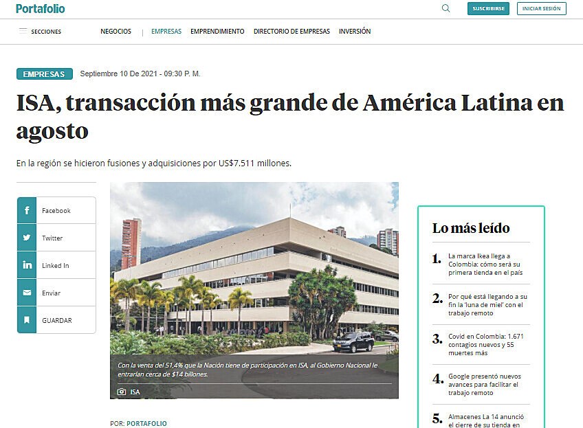 ISA, transaccin ms grande de Amrica Latina en agosto